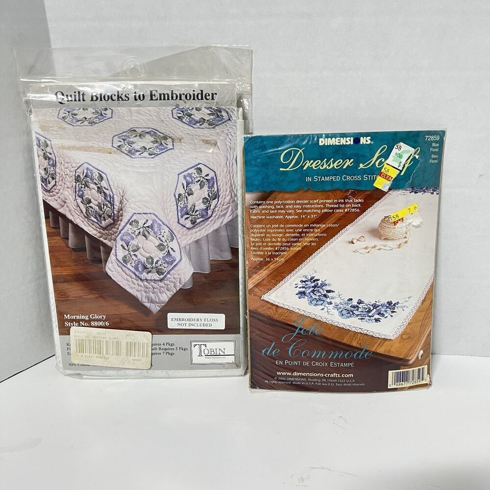 Lot Of 2 Tobin Quilt Stamped Linen Blocks Embroidery Craft Kit And Dresser Scarf